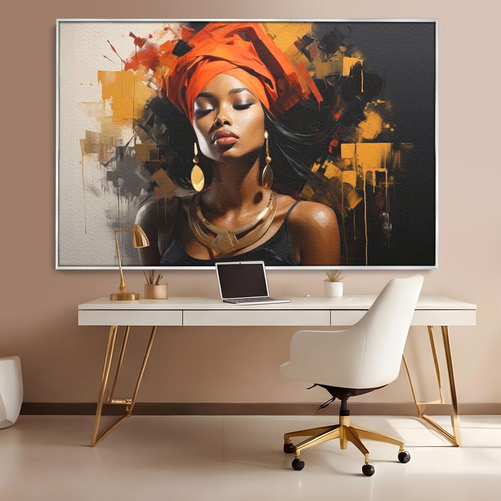 Tablou canvas cu tablou canvas cu femeie si turban, in rama de aluminiu argintiu, pe perete intr-un birou